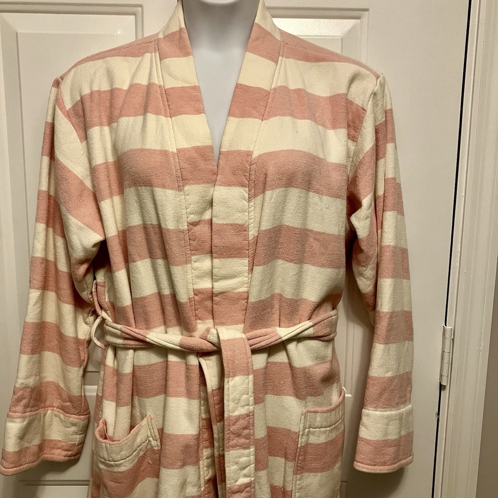 Pottery Barn Pink Ivory Sz Large Striped Terrycloth Resort Robe Women's Bathrobe - Picture 2 of 8